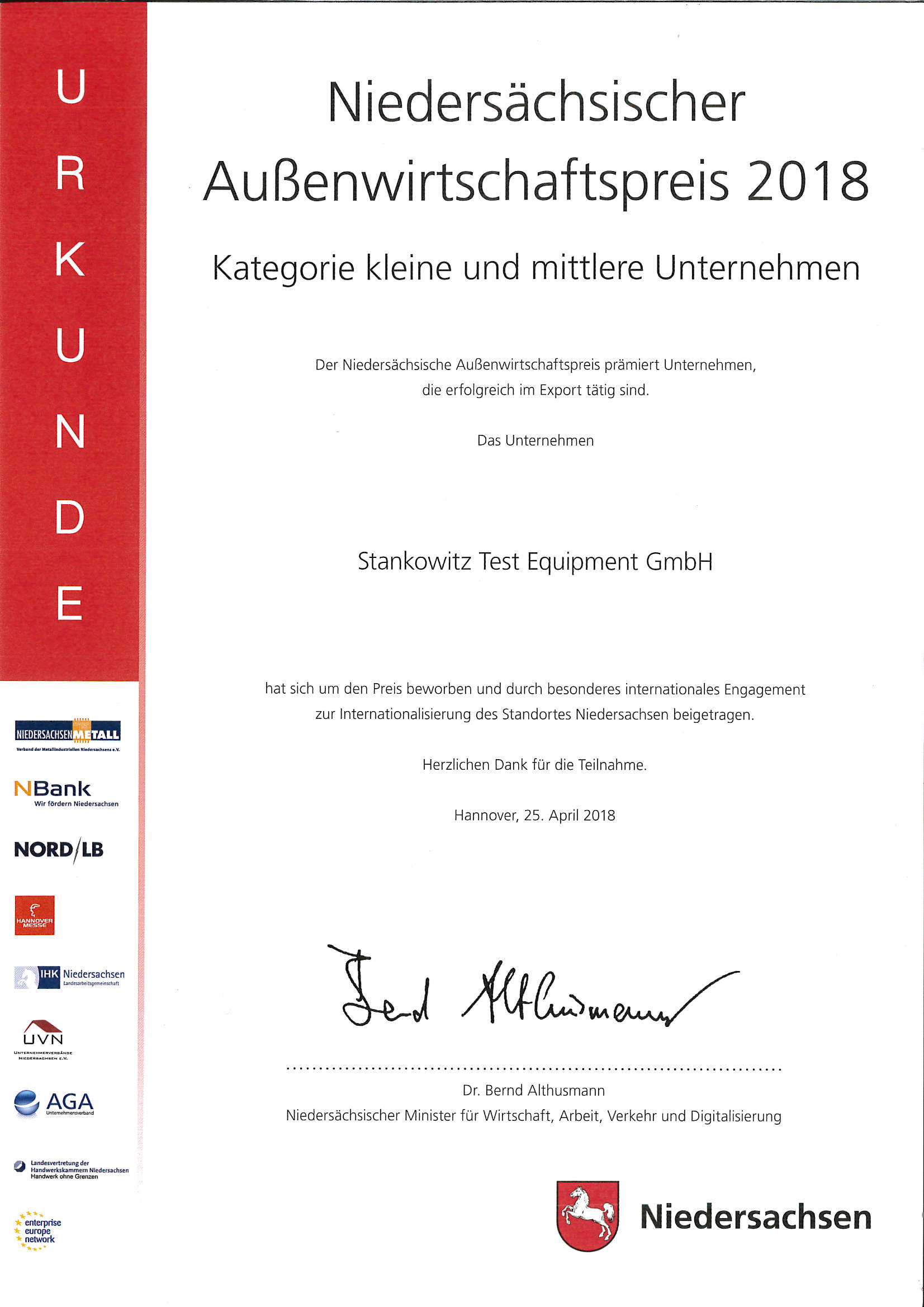 Niedersäschsischer Außenwirtschaftspreis 2018